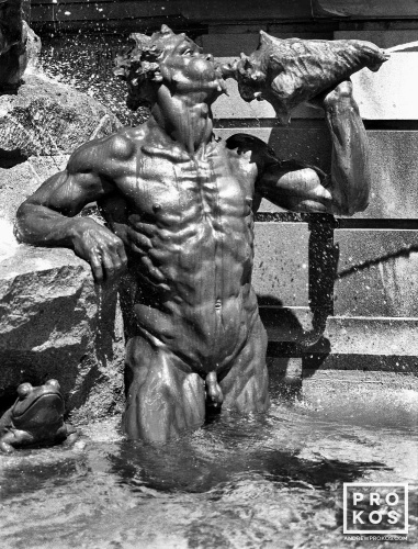 A black and white fine art architectural photo from the Library of Congress's Neptune Fountain in Washington D.C.