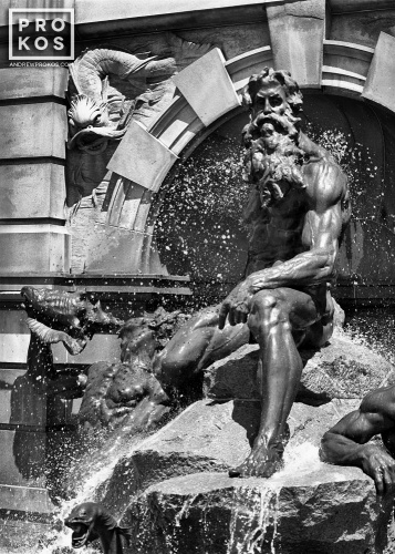 A black and white fine art photo of the Library of Congress's Neptune Fountain in Washington D.C.