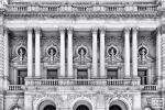 A black and white fine art photograph of the elegant facade of the Library of Congress Jefferson Building in Washington DC