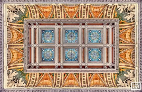 A fine art architectural photo of the ornate stained glass coffered ceiling of the Thomas Jefferson Building, Library of Congress