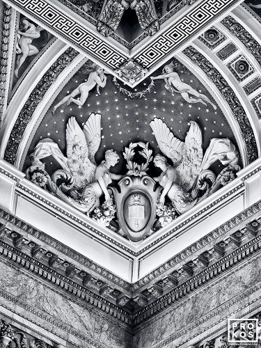 A black and white architectural detail photo from the interior of the Library of Congress, Jefferson Building in Washington DC. The Renaissance Revival style building was designed by architect Daniel Burnham. Framed prints of this photo are available up to 72 inches in height.