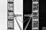 A black and white fine art photograph showing close-up views of the London Eye Ferris wheel presented as a diptych of positive and negative images from Andrew's series "The Light & The Dark". Large-scale limited edition prints of this photo are available up to 120 inches in width.