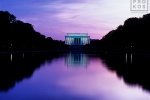 A high-definition fine art photo of the Lincoln Memorial reflected in the National Mall's reflecting pool at dusk, Washington DC