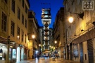 A night photo of the Santa Justa neighborhood of Lisbon, Portugal, including the neighborhood's famous elevator