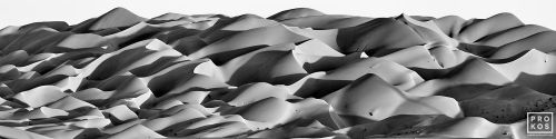 A black and white panoramic landscape photo of the dunes of Liwa Desert in Abu Dhabi, United Arab Emirates. High-definition limited edition prints available up to 120 inches wide.