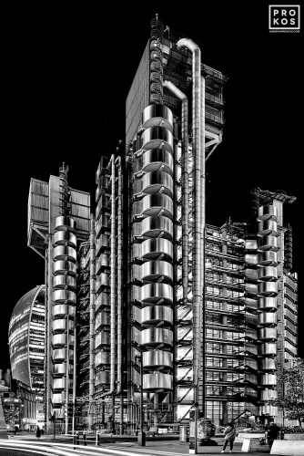 A black and white view of the Modernist Lloyd's Building in the City of London as seen at night, United Kingdom. Limited edition fine art prints of this photo are available up to 72 inches in height and framed in various wood, metal, and acrylic styles. 