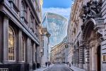 A color street scene photo of Lombard Street in the City of London, United Kingdom. High-definition fine art prints of this photo are available up to 72 inches in width and framed in various wood, metal, and acrylic styles. 