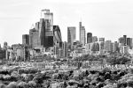 A high-definition black and white fine art photo of the skyscrapers of the City of London as seen from Canary Wharf. United Kingdom.