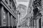 A black and white view of Lombard Street in the heart of the City of London, United Kingdom. High-definition fine art prints of this photo are available up to 72 inches in width.