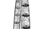 Black and white fine art photography of the London Eye Ferris wheel, United Kingdom. The upper portion of the wheel and pods are captured in detail with a high-key graphic rendition. Limited edition prints of this photo are available up to 80 inches in height.