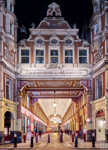 A street view of Leadenhall Market at night, London, United Kingdom. Limited edition prints of this photo are available up to 72 inches in height.