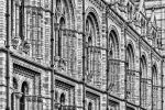 A black and white photograph of the Victorian facade of the Natural History Museum in London, United Kingdom. Limited edition fine art prints of this photo are available up to 80 inches in height and framed in various wood, metal and acrylic styles.