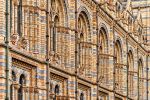 A color architectural photograph of the Victorian facade of the Natural History Museum in London, United Kingdom.