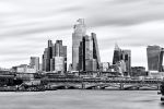 A black and white panoramic skyline of St. Paul's Cathedral, City of London, and Blackfriar's Bridge captured with a six minute long exposure time. Large-format high-definition prints of this photo are available up to 96 inches in width and framed with various wood, acrylic, and metal styles.