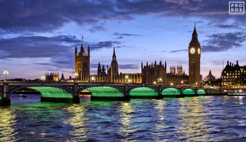 A view of the Houses of Parliament and Westminster Bridge at Dusk by fine art photographer Andrew Prokos, London, United Kingdom