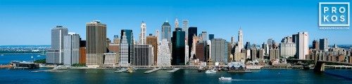 An aerial panoramic skyline of Lower Manhattan, New York City