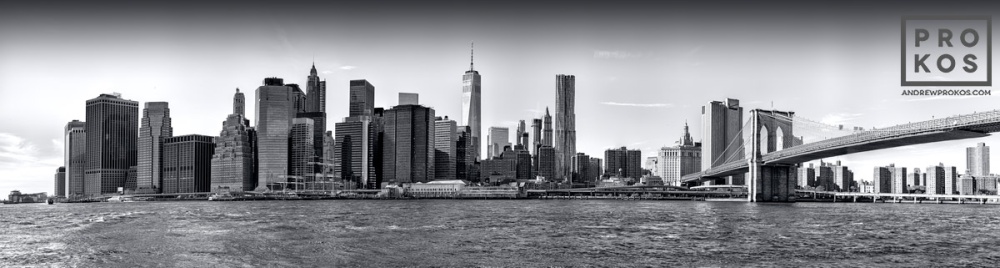 Lower Manhattan and Brooklyn Bridge Panoramic Skyline (B&W)