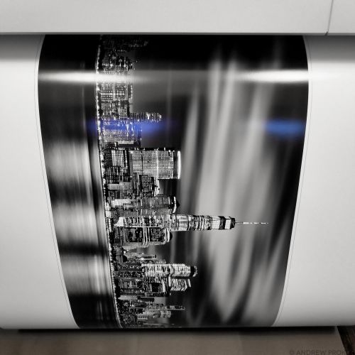 Black and White Photography - Black and white large-format print of Panoramic Skyline of Lower Manhattan at Night by photographer Andrew Prokos in production.