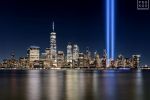 NYC Skyline of Lower Manhattan and Tribute in Light at Night on September 11th, 2021 by photographer Andrew Prokos
