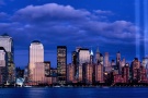 An ultra high-definition panoramic skyline of Lower Manhattan at dusk with Towers of Light commemorating 9/11. Large-format fine art prints of this photo are available up to 120 inches wide.