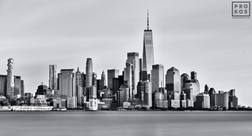 New York Skyline - A black and white long-exposure photo of the Lower Manhattan skyline and World Trade Center, New York City. Large-scale framed prints of this high-definition photo are available up to 150 inches in width.