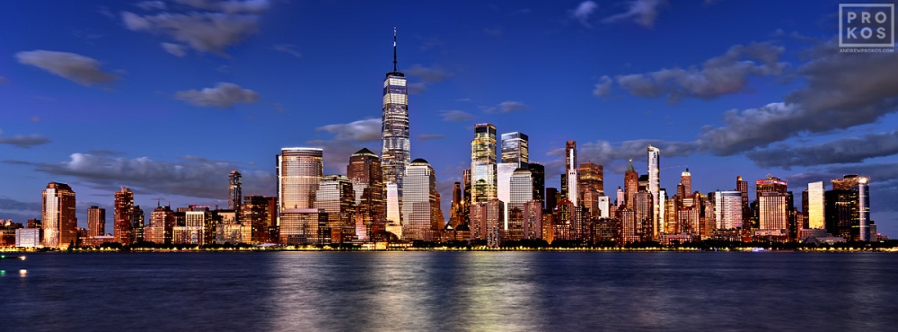 Panoramic Skyline of Manhattan and World Trade Center at Dusk