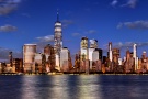 A high-definition photo of the Lower Manhattan skyline and World Trade Center at dusk, New York City. Large-scale framed prints of this photo are available up to 150 inches in width.