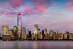 An ultra high-definition panoramic skyline photo of Lower Manhattan, Hudson River, and the World Trade Center at dusk as seen from New Jersey. Large-scale fine art prints of this photo are available up to 90 inches wide.