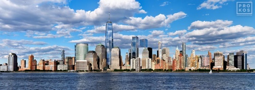 An ultra high-definition panoramic skyline of Lower Manhattan and the World Trade Center during the day, as seen from the Hudson River in New York City