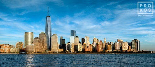 A high-definition panoramic skyline of Lower Manhattan, Hudson River, and the World Trade Center during the day as seen from New Jersey. Large-scale fine art prints of this photo are available up to 90 inches wide.