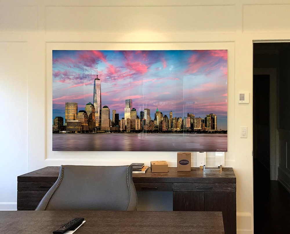 The 80 inch limited edition print of "Panoramic View of Lower Manhattan and the World Trade Center at Dusk" with acrylic face mounting.