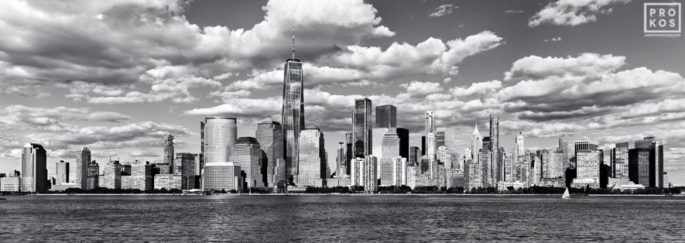 Panoramic Skyline of Lower Manhattan and World Trade Center (B&W)