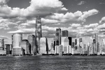 A black and white panoramic skyline photo of Lower Manhattan and the World Trade Center during the day, New York City