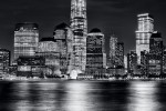 An ultra high-definition black and white skyline of Lower Manhattan, Hudson River, and the World Trade Center at night, New York City. Large-scale fine art prints of this photo are available up to 84 inches in height.