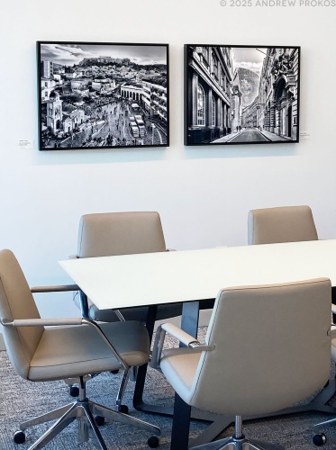 Two 24x30 inch framed black and white photos of Athens and London by fine art photographer Andrew Prokos installed at the Lumina Foundation in Indianapolis