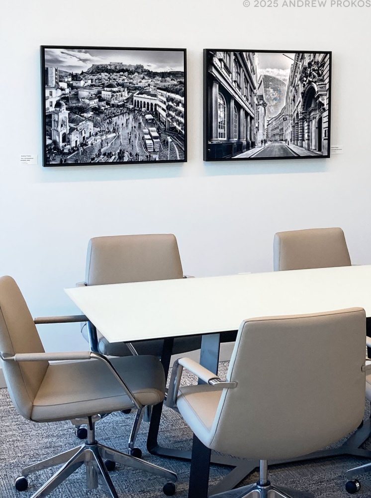 Two 24x30 inch framed black and white photos of Athens and London by fine art photographer Andrew Prokos installed at the Lumina Foundation in Indianapolis