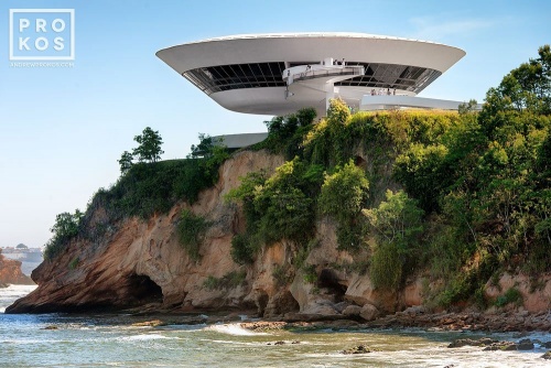 A view of the Niteroi Contemporary Art Museum (Museu de Arte Contemporanea, Niteroi) by modernist architect Oscar Niemeyer as seen in situ, Rio de Janeiro, Brazil. Limited edition fine art prints of this photo are available up to 50 inches in width.