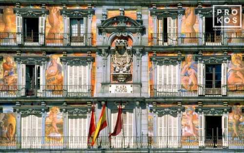 A color architectural photo of the decorative murals adorning the facade of the Panaderia in the Plaza Mayor, Madrid, Spain