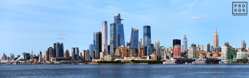 A high-definition panoramic skyline of New York City and Hudson Yards as seen from Hoboken, New Jersey during the day. Large-scale framed prints of this photo are available up to 150 inches in width. 
