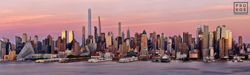A panoramic view of the Midtown Manhattan skyline as seen from Weehawken, New Jersey at dusk. Large-format prints of this photo are available up to 120 inches in width.