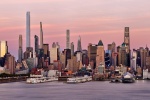 High-definition panoramic photography of the West Side of Manhattan and supertall towers at dusk as seen from New Jersey