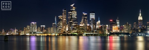 A panoramic skyline of Hudson Yards Manhattan at night, New York City