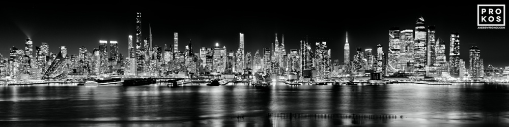 Panoramic Skyline of Midtown West and Hudson Yards at Night (B&W)