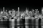 A black and white ultra-wide panoramic skyline of the west side of Manhattan at dusk stretching from Midtown to Hudson Yards. Large-format fine art prints of this photo are available up to 250 inches in width and framed in contemporary styles.