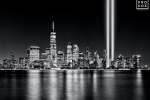 A black and white skyline of Lower Manhattan, the World Trade Center, and the Tribute in Light on the night of September 11th, 2021, the 20th Anniversary of 9/11. New York City. Large format limited-edition prints of this photo are available up to 120 inches in width and framed in various wood, metal, and acrylic styles.