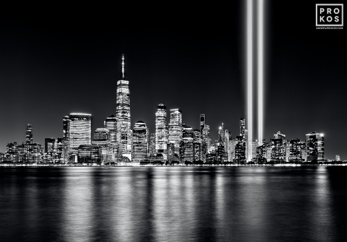 A black and white skyline of Lower Manhattan, the World Trade Center, and the Tribute in Light on the night of September 11th, 2021, the 20th Anniversary of 9/11. New York City. Large format limited-edition prints of this photo are available up to 120 inches in width and framed in various wood, metal, and acrylic styles.