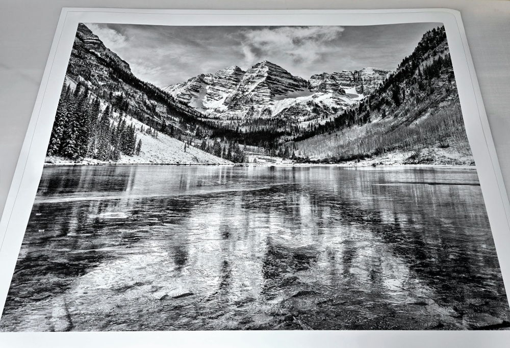 A fifty inch limited edition black and white print of Maroon Bells, Aspen, Colorado by fine art photographer Andrew Prokos