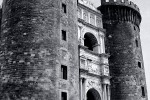 A black and white view of the Castel Nuovo (Maschio Angioino), Naples, Italy