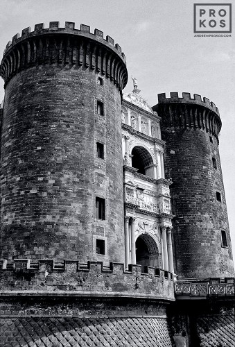 A black and white view of the Castel Nuovo (Maschio Angioino), Naples, Italy
