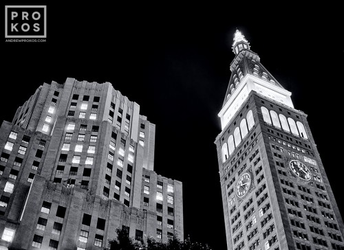 A black and white architectural photo of the MetLife Building at night, New York City